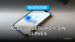 Un teléfono móvil moderno sobre una mesa de madera, mostrando una interfaz abstracta de colores para el acceso biométrico de Movistar.