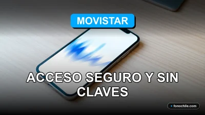 Un teléfono móvil moderno sobre una mesa de madera, mostrando una interfaz abstracta de colores para el acceso biométrico de Movistar.