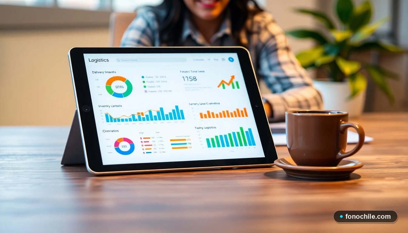 Dashboard digital con gráficos de colores mostrando análisis de rendimiento logístico en una empresa chilena.