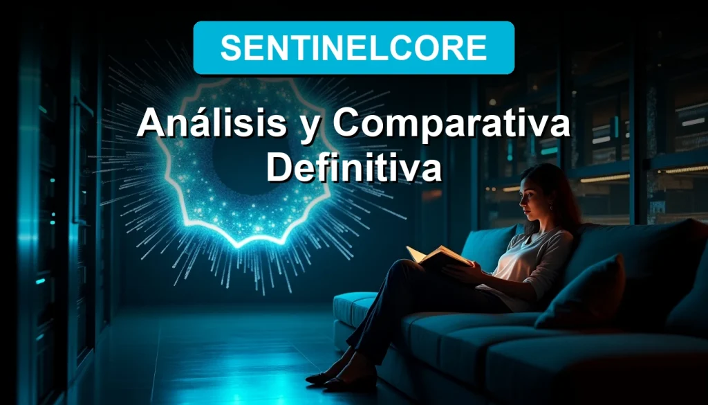 SentinelCore antivirus software interface glowing with cyan light on a dark futuristic desktop.