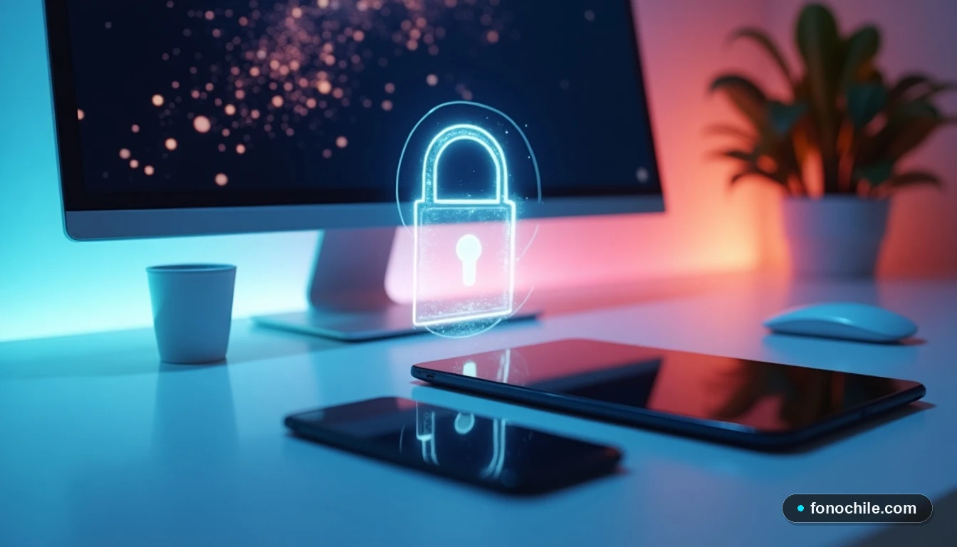 Dispositivos tecnológicos modernos en un escritorio limpio con representación visual de seguridad en red