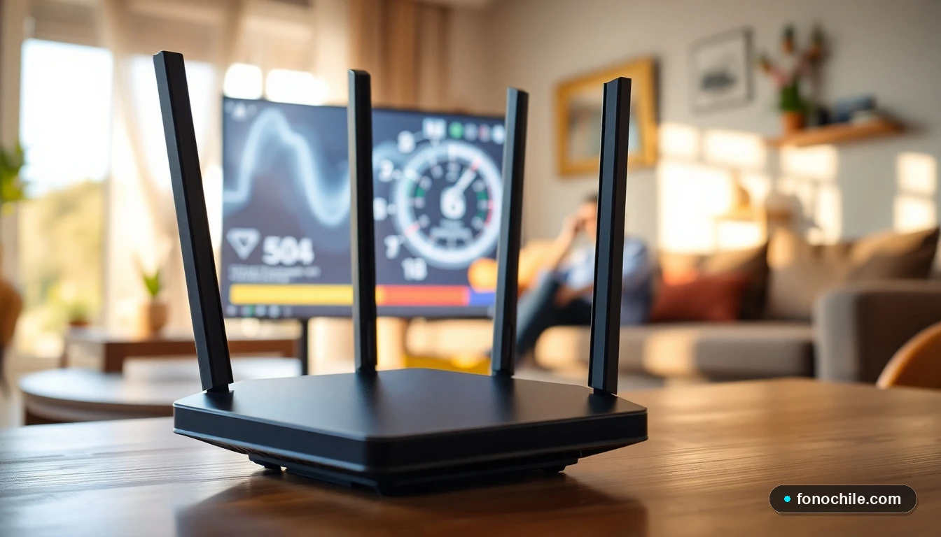 Módem 5G moderno con múltiples antenas en un hogar chileno, mostrando gráficos de velocidad de red en una pantalla de fondo.