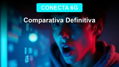 Un hombre joven con expresión de asombro mira fascinado los planes de celular 2026 iluminados por una pantalla futurista.