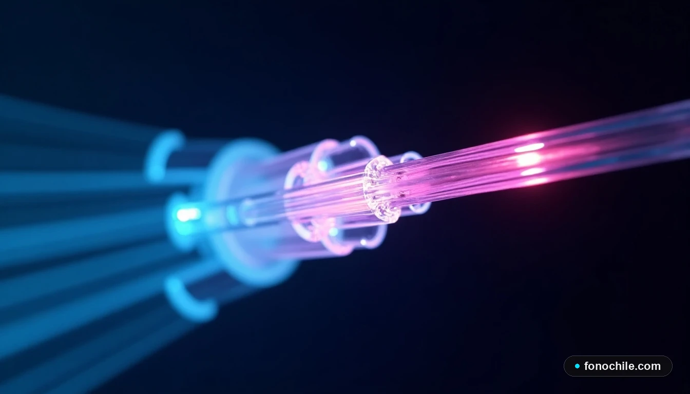 Detalle abstracto de un cable de fibra óptica transmitiendo datos con luz de colores, representando alta velocidad.
