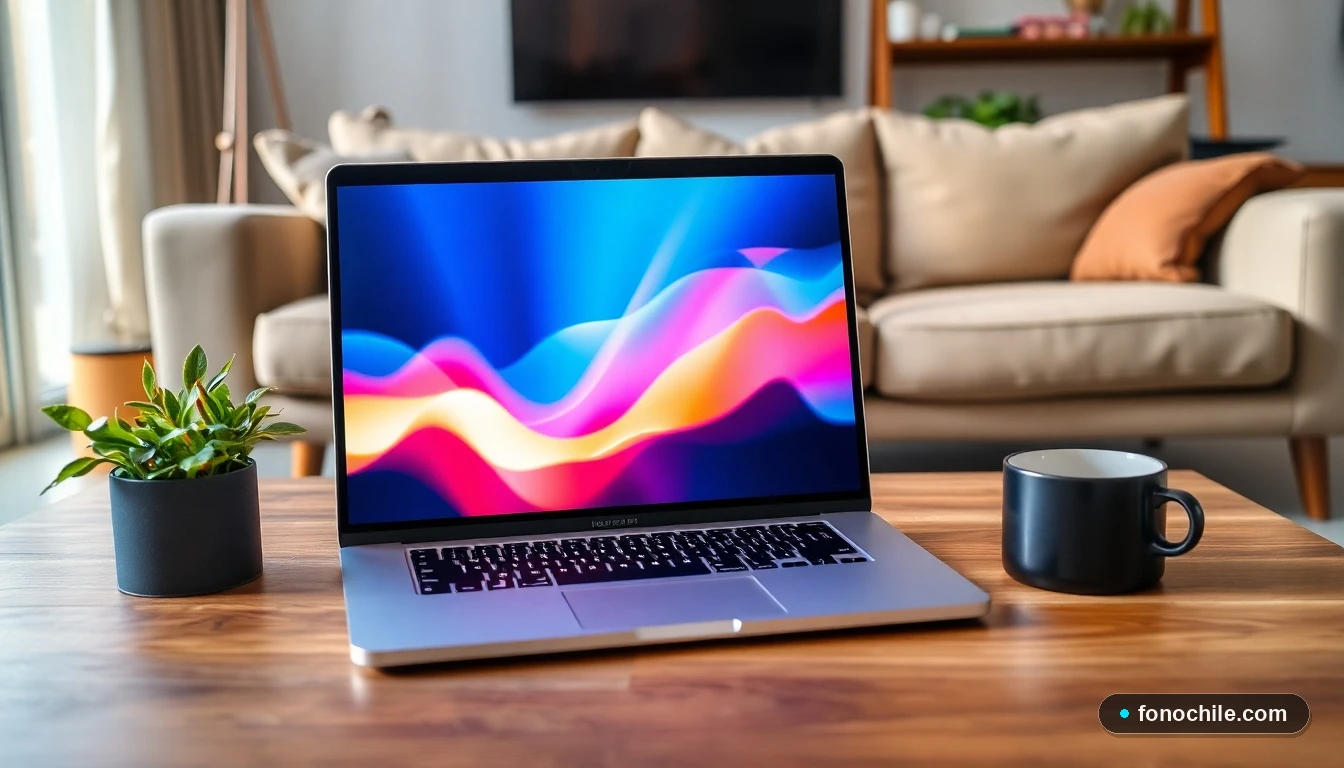 Persona en su hogar en Chile revisando gráficos de velocidad de internet en un portátil sobre una mesa de centro.