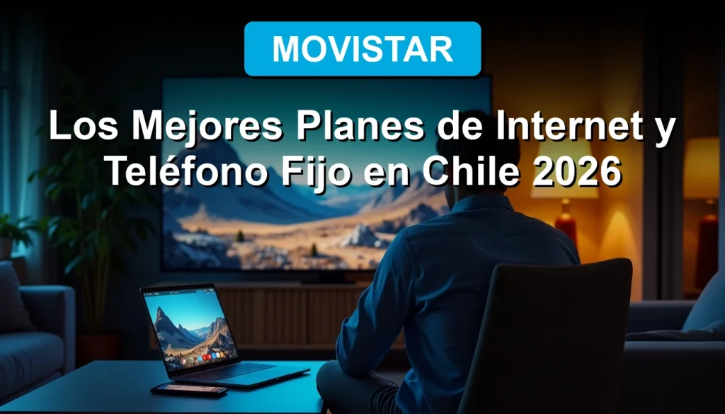 Hombre sonriente en living moderno viendo una película en un gran televisor 8K, con laptop y celular en la mesa, ilustrando la conectividad total de Movistar.