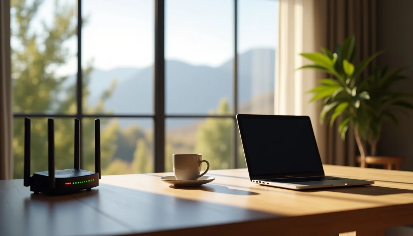 Espacio de trabajo moderno en Chile con laptop y router de fibra óptica para planes de internet y telefonía.