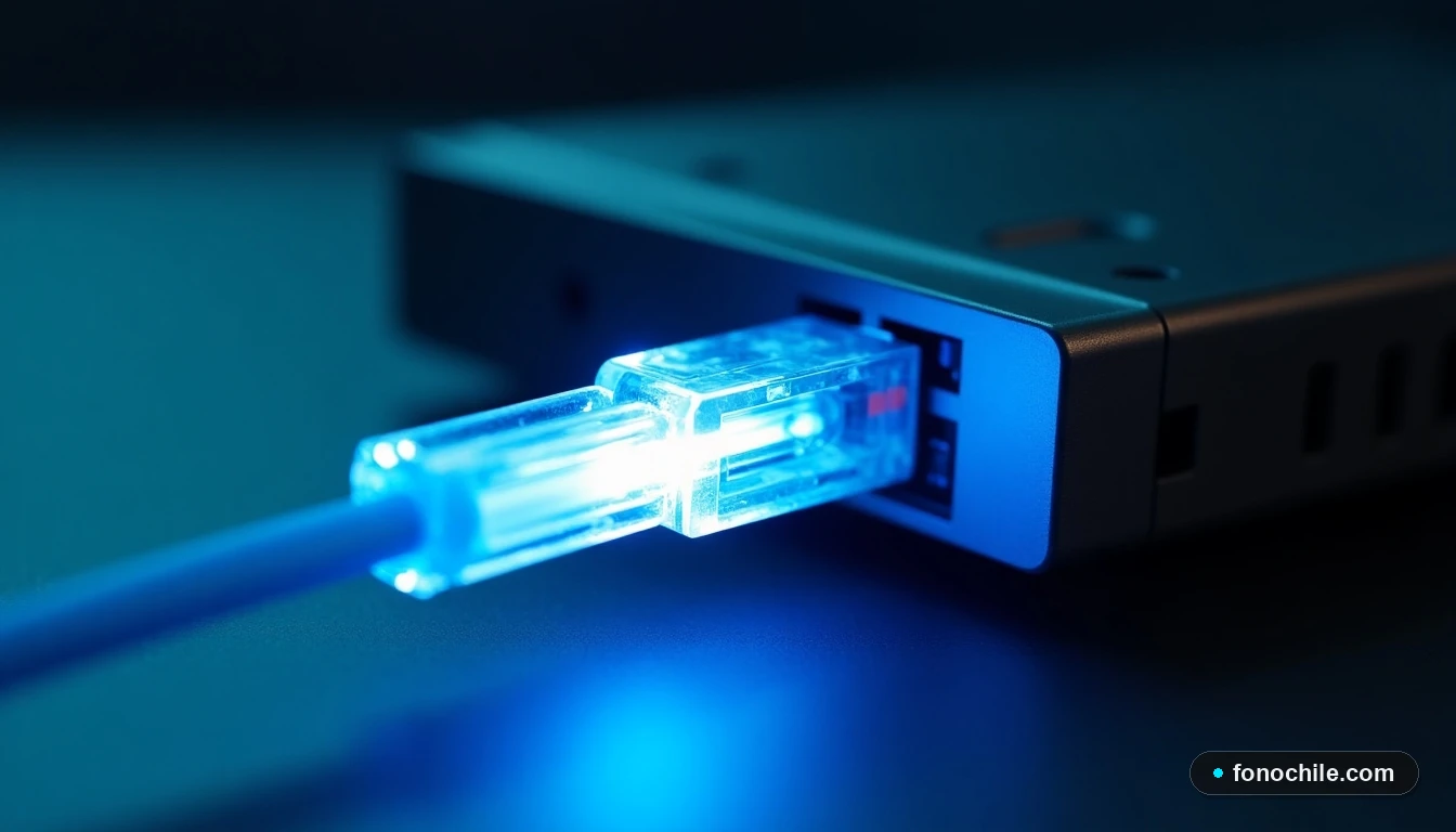 Primer plano detallado de un cable de fibra óptica brillante junto al puerto de un modem, sobre una superficie oscura.