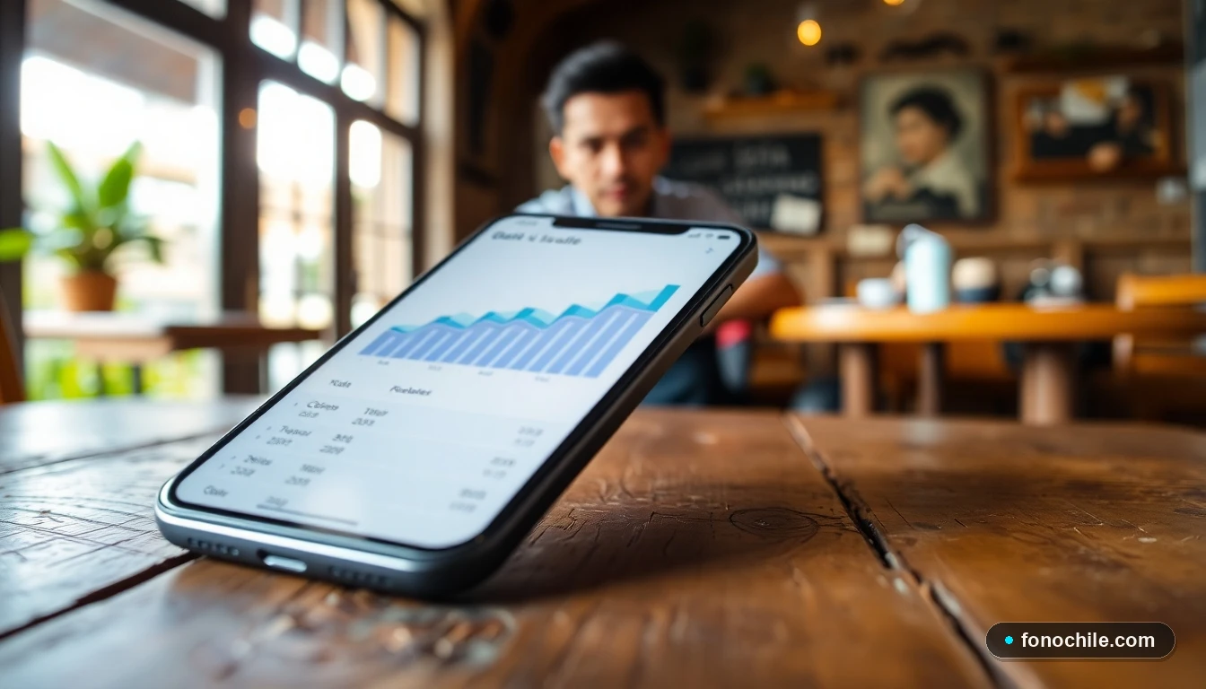 Smartphone mostrando gráficos de consumo de datos en un ambiente cotidiano en Chile, para evaluar planes móviles.