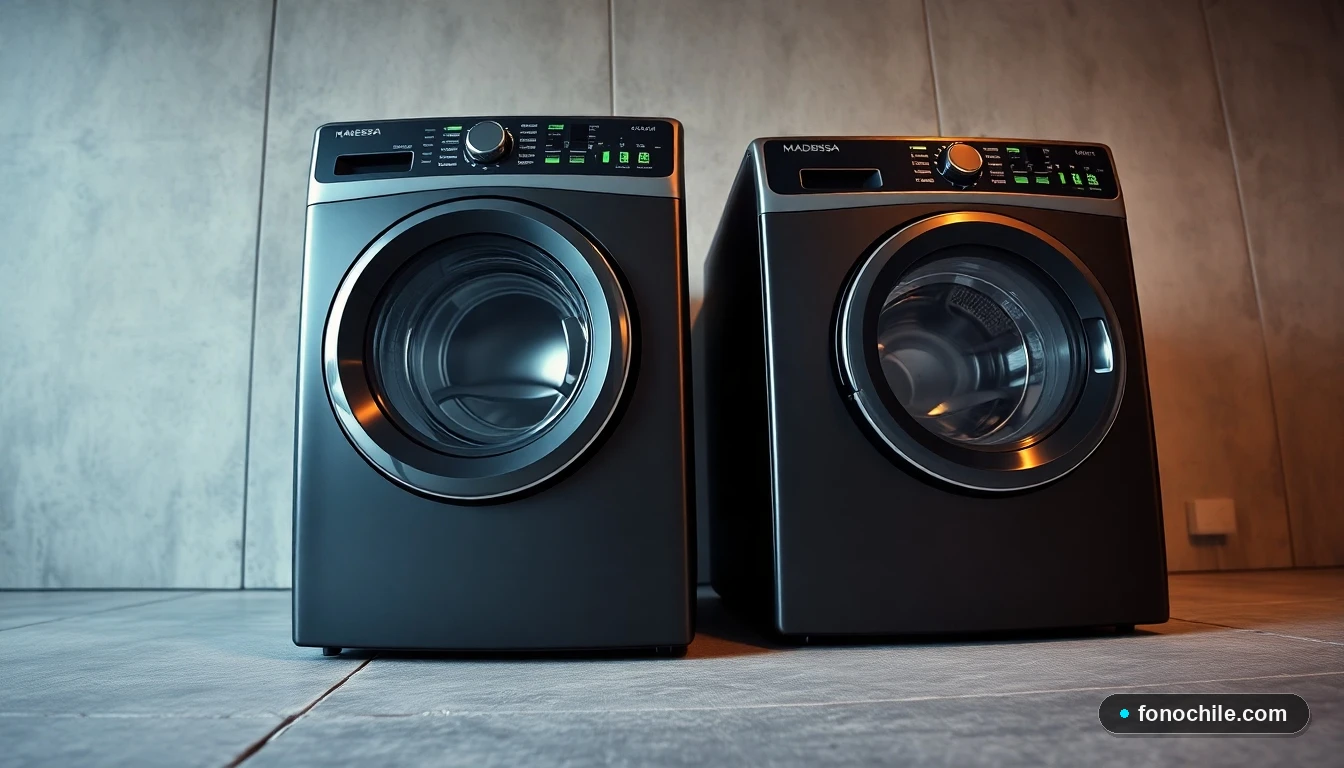Lavadora y secadora Mademsa 2026 en un lavadero contemporáneo, con paneles de control LED mostrando gráficos abstractos de color.