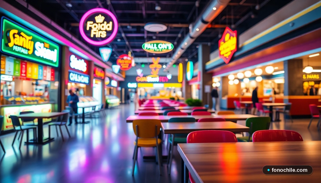Área de comida moderna y colorida en un centro comercial, con asientos vacíos y luces de neón difusas.