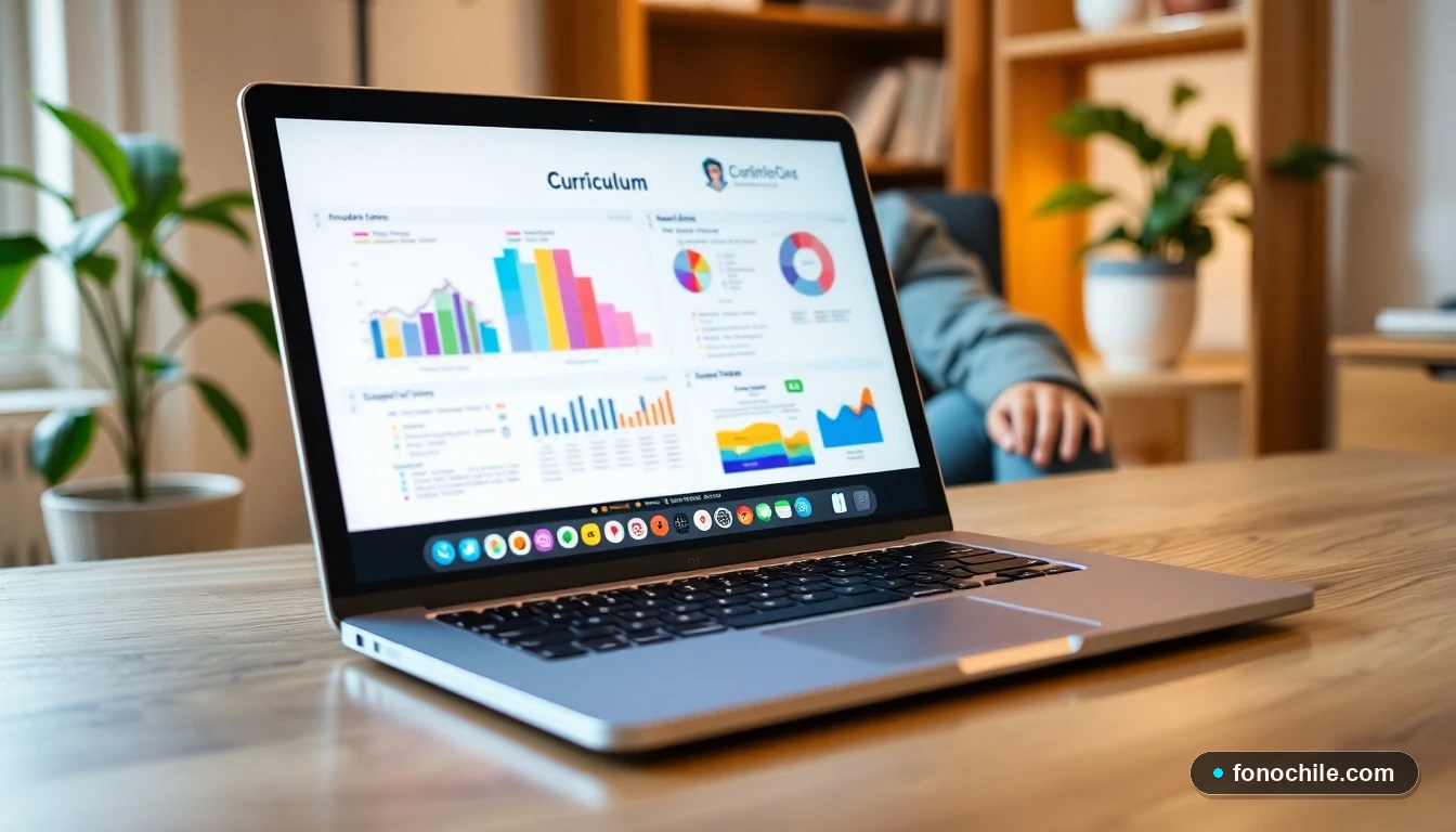 Laptop mostrando gráficos abstractos de colores que representan la estructura de una malla curricular universitaria en línea.