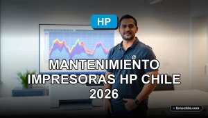Técnico de servicio especializado realiza mantenimiento preventivo a impresora HP en oficina moderna en Chile.