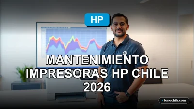 Técnico de servicio especializado realiza mantenimiento preventivo a impresora HP en oficina moderna en Chile.