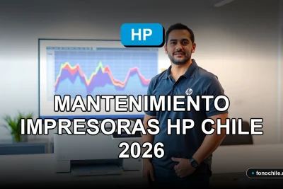 Técnico de servicio especializado realiza mantenimiento preventivo a impresora HP en oficina moderna en Chile.
