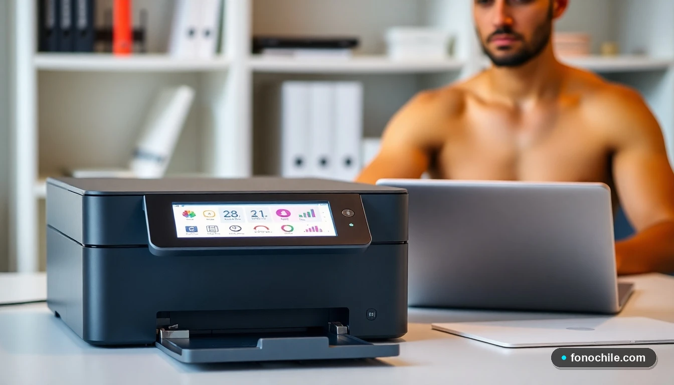 Hombre hispano revisando la pantalla de una impresora multifunción en una oficina doméstica moderna en Chile.