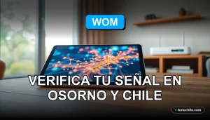 Mapa de cobertura de red WOM 2026 mostrando señal en Osorno y Chile en una tablet moderna.