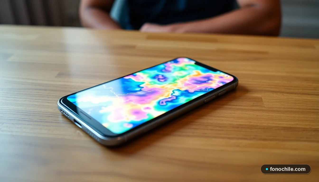 Smartphone mostrando un mapa abstracto y colorido de intensidad de señal móvil en una mesa de madera.