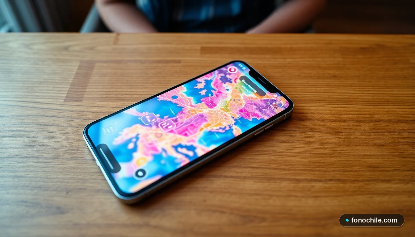 Smartphone mostrando un mapa abstracto y colorido de cobertura de red móvil en Chile.