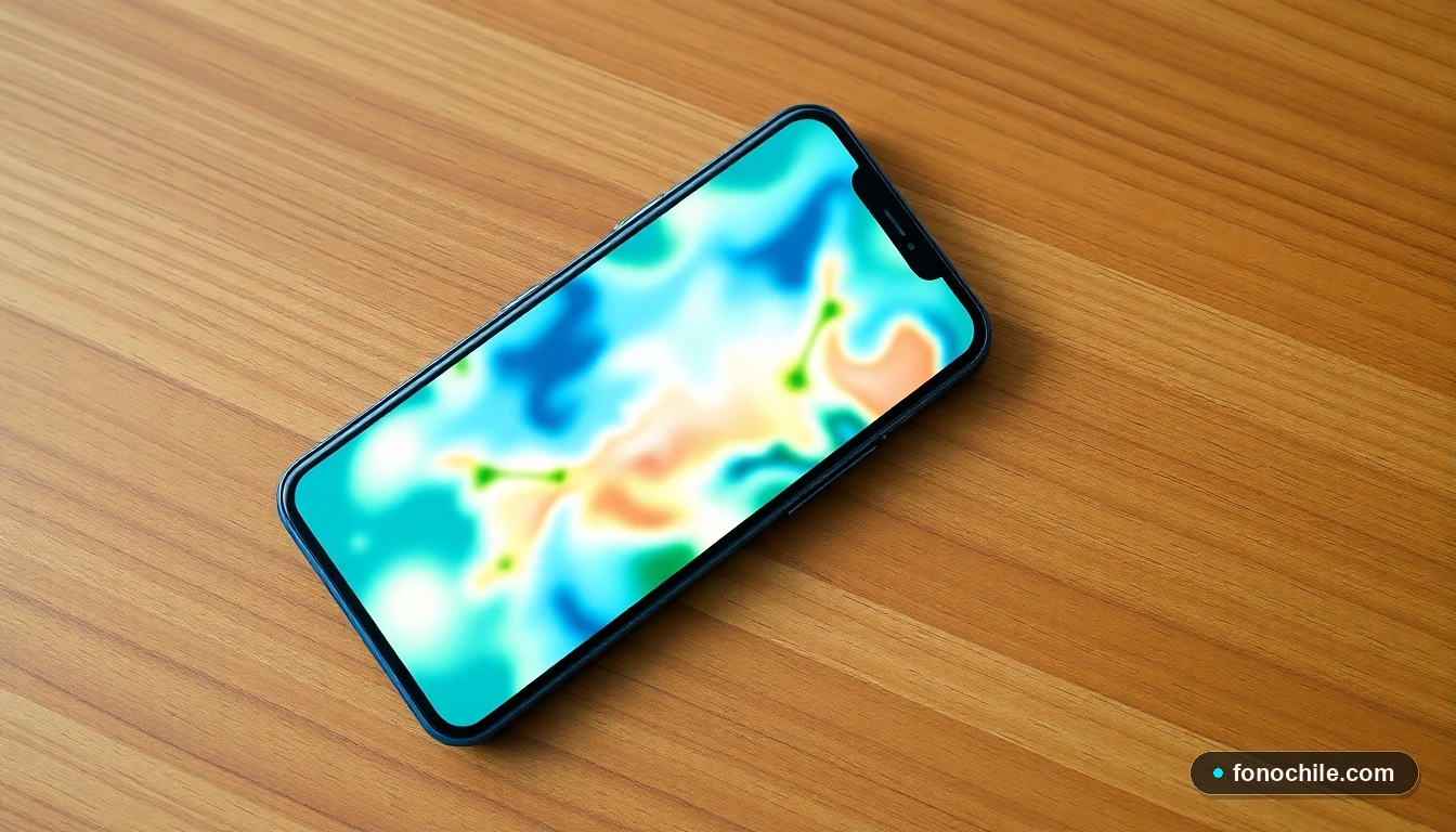 Mapa abstracto de cobertura de red móvil en colores vibrantes mostrado en la pantalla de un smartphone moderno.