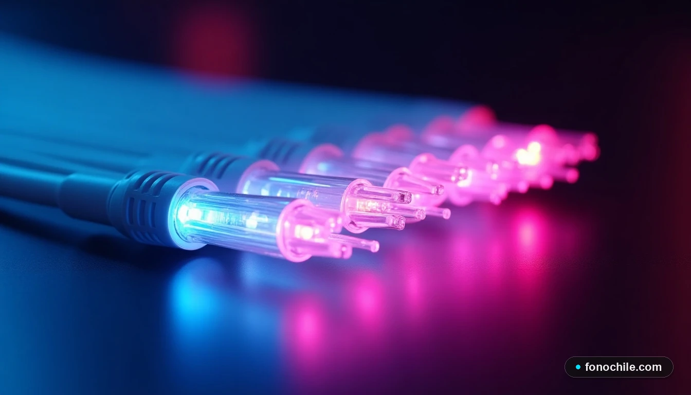 Detalle de cables de fibra óptica iluminados, representando la tecnología de alta velocidad de la red VTR.