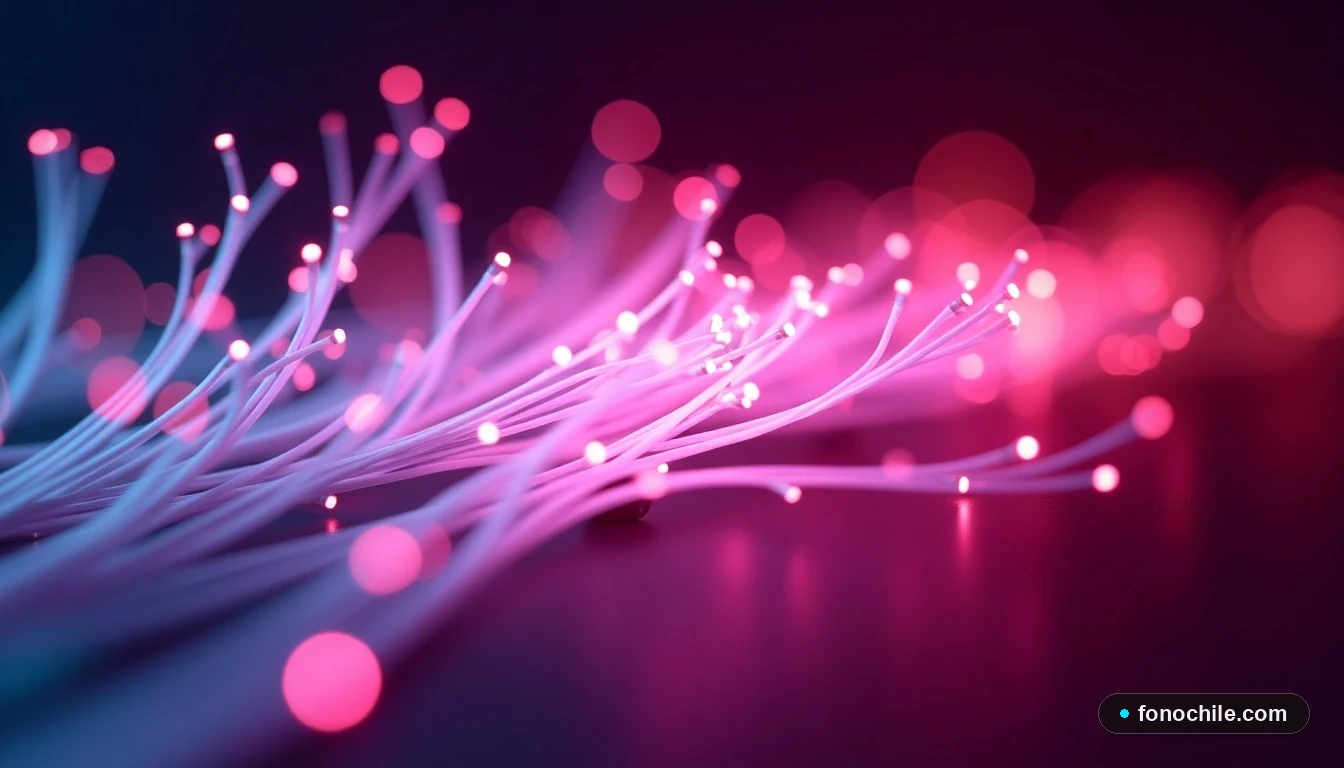 Detalle abstracto de cables de fibra óptica iluminados, representando la velocidad y tecnología de la red VTR.