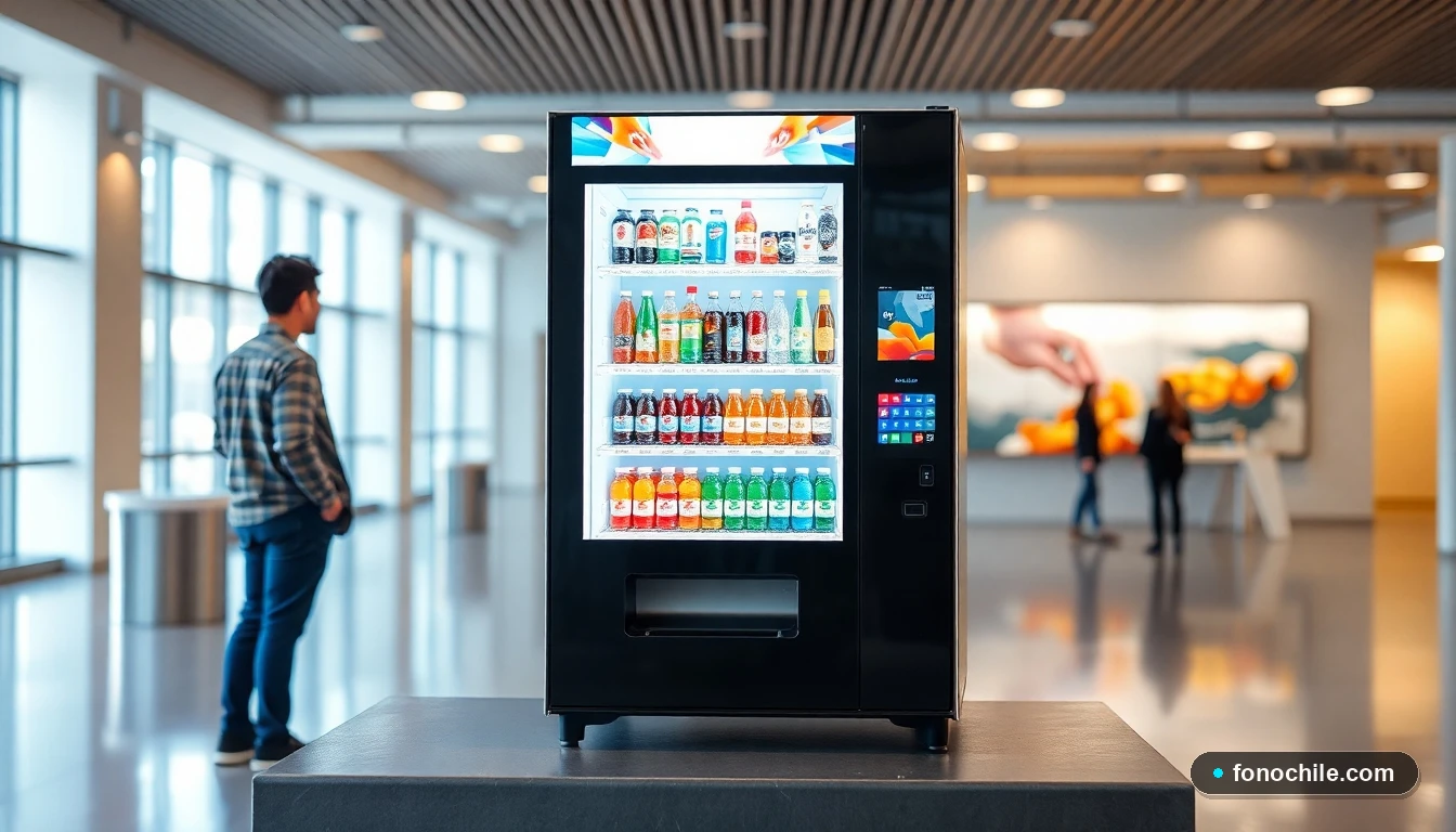 Máquina expendedora moderna de bebidas en un espacio público de Chile con pantalla digital mostrando datos.