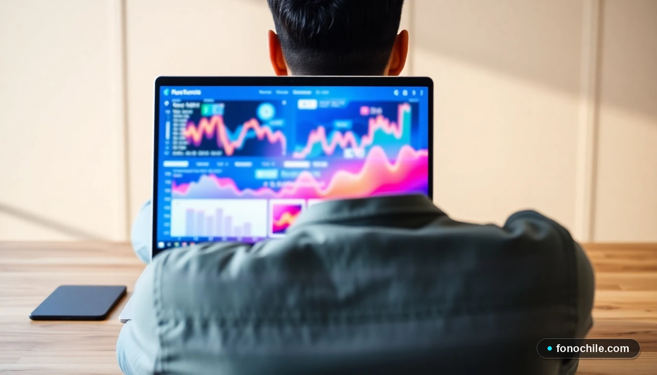 Persona trabajando en su marca personal analizando gráficos de datos abstractos y coloridos en su portátil.