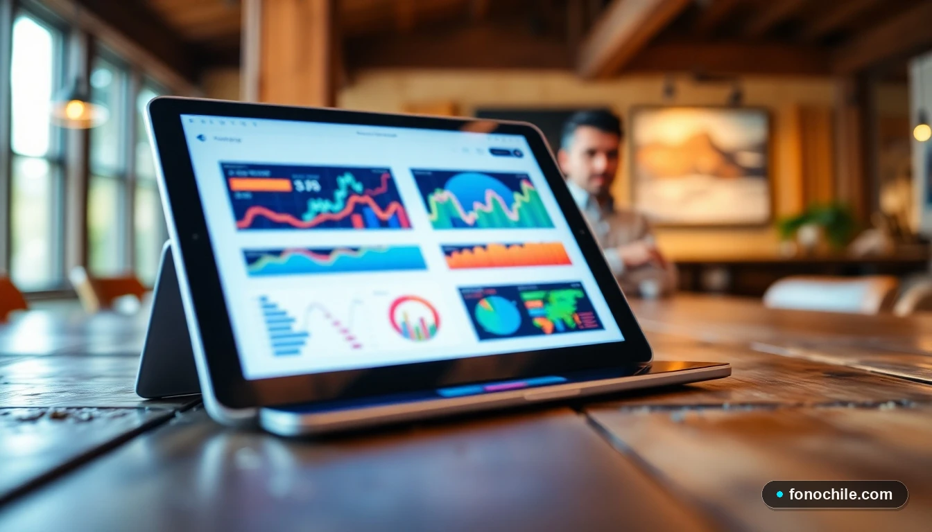Tablet mostrando gráficos abstractos de análisis de mercado de ropa de trabajo en Chile sobre una mesa de madera.