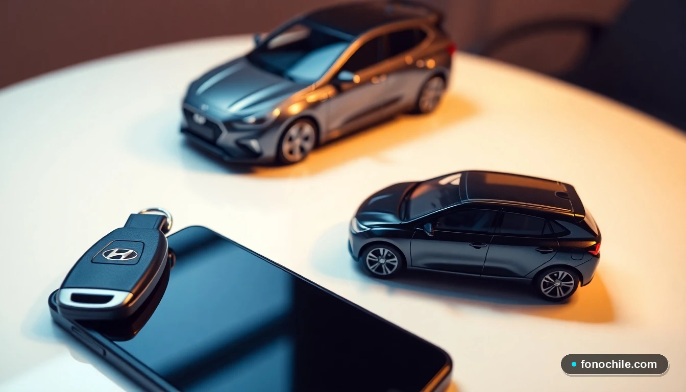 Primer plano de un teléfono inteligente, un llavero Hyundai y un modelo a escala de un SUV 2026, representando repuestos genuinos y contacto directo.