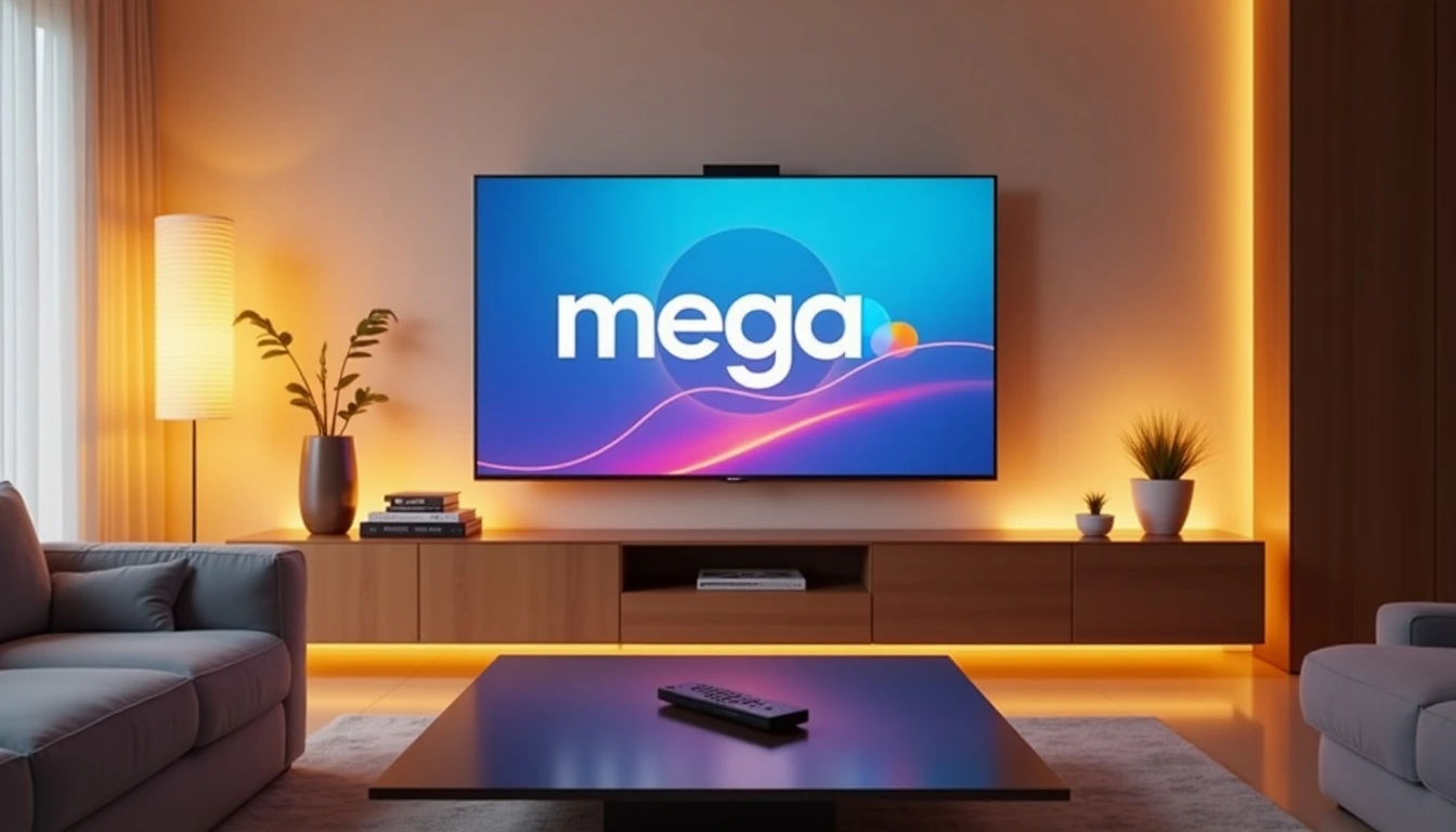 Televisor Samsung Smart TV mostrando la aplicación Mega Go en una sala de estar moderna.