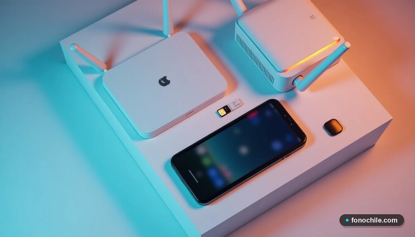 Vista superior de un teléfono, router y tarjeta SIM Mega Go 2026 en configuración geométrica sobre una mesa.