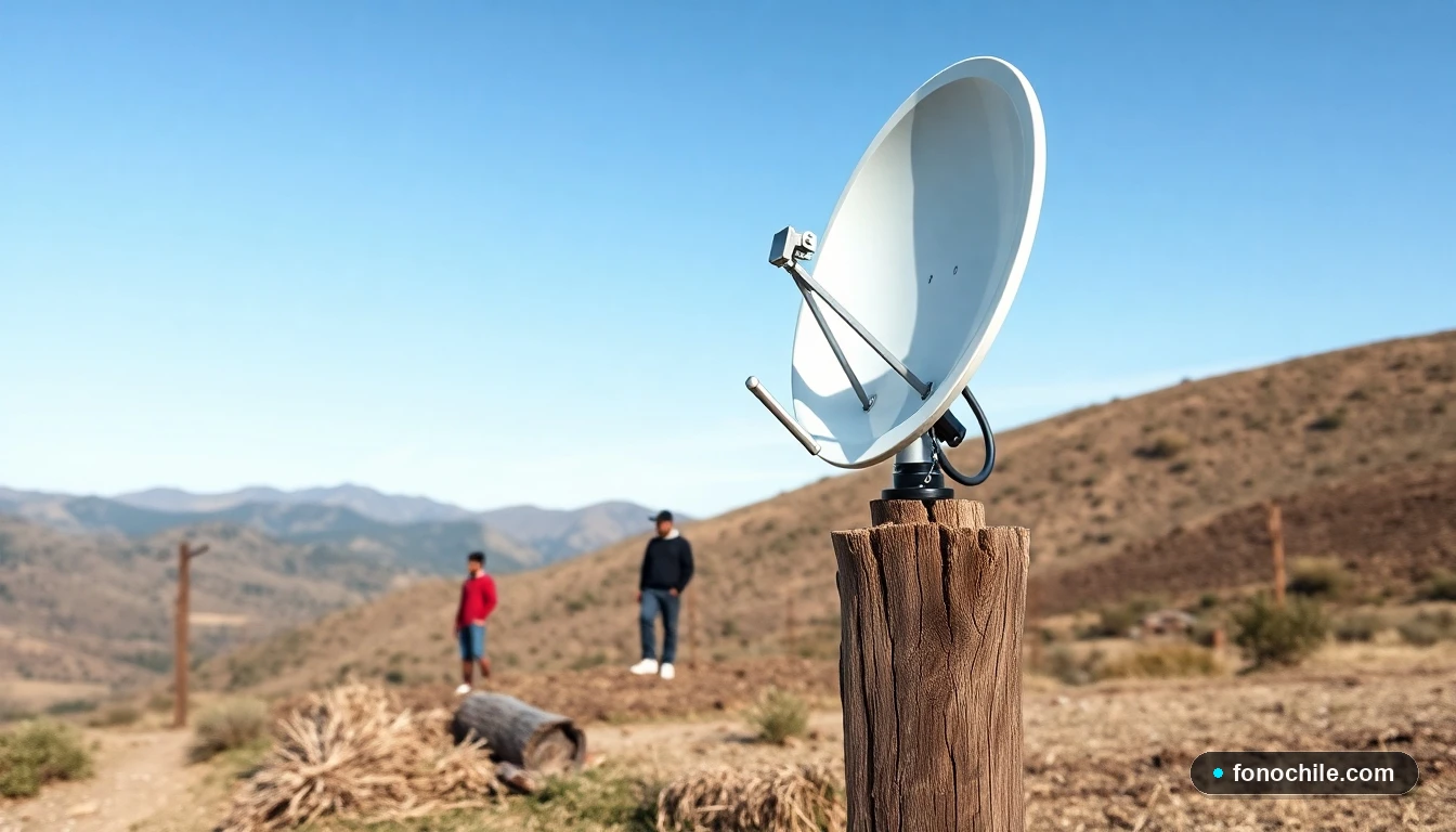 Antena satelital moderna instalada en un entorno rural chileno para proveer conectividad en zonas aisladas.