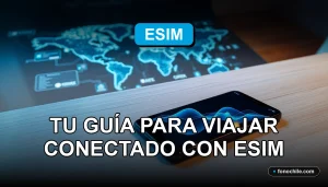 Un teléfono inteligente moderno con una pantalla que muestra gráficos abstractos de conectividad, descansando sobre una mesa de madera clara junto a un mapa mundial digital borroso.