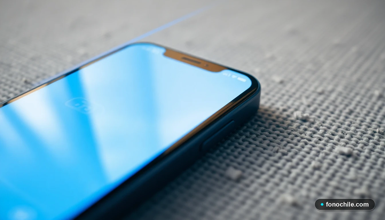 Primer plano del borde de un teléfono inteligente mostrando una interfaz genérica borrosa, con un trazo de luz cian que simboliza la velocidad de activación de la eSIM.