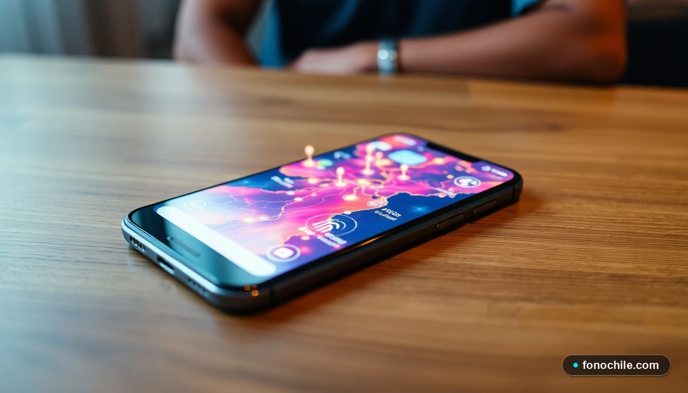 Smartphone mostrando un mapa abstracto de cobertura de red móvil con gráficos de intensidad de señal en colores vibrantes.