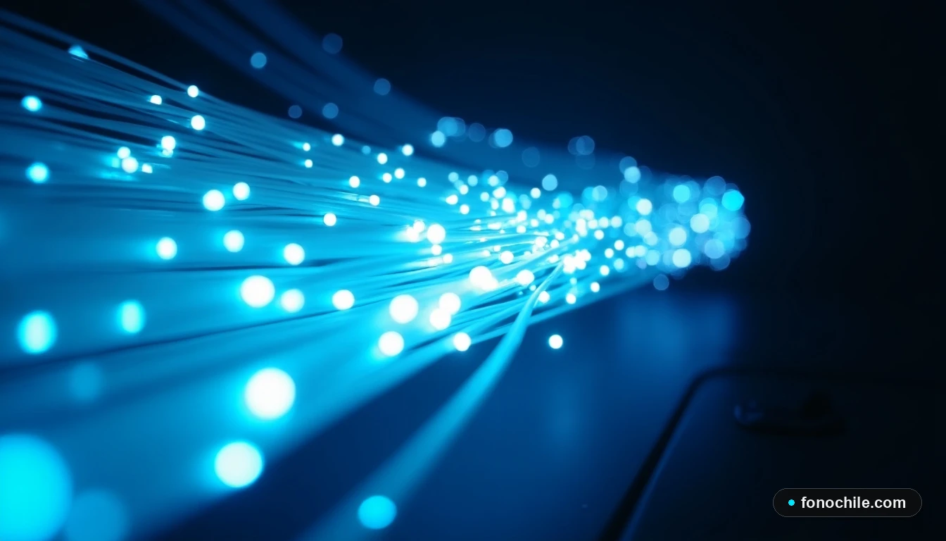 Primer plano abstracto de cables de fibra óptica iluminados, representando velocidad y conectividad de última generación.