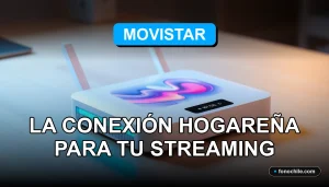 Un router de última generación de Movistar sobre una mesa de madera, con luces LED azules y gráficos abstractos en la pantalla, representando la mejor conexión para streaming en casa.