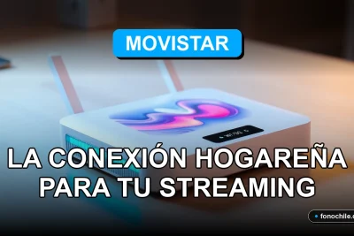 Un router de última generación de Movistar sobre una mesa de madera, con luces LED azules y gráficos abstractos en la pantalla, representando la mejor conexión para streaming en casa.