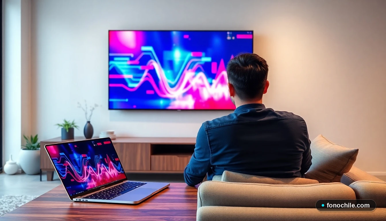 Persona disfrutando de series en streaming en su sala con dispositivos mostrando gráficos de rendimiento de la conexión a internet de su hogar.