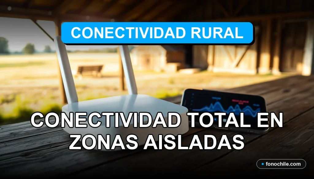 Un router satelital moderno y un teléfono inteligente en una mesa de madera rústica, mostrando gráficos abstractos de conexión, representando internet de alta velocidad en el campo.