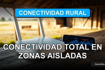Un router satelital moderno y un teléfono inteligente en una mesa de madera rústica, mostrando gráficos abstractos de conexión, representando internet de alta velocidad en el campo.
