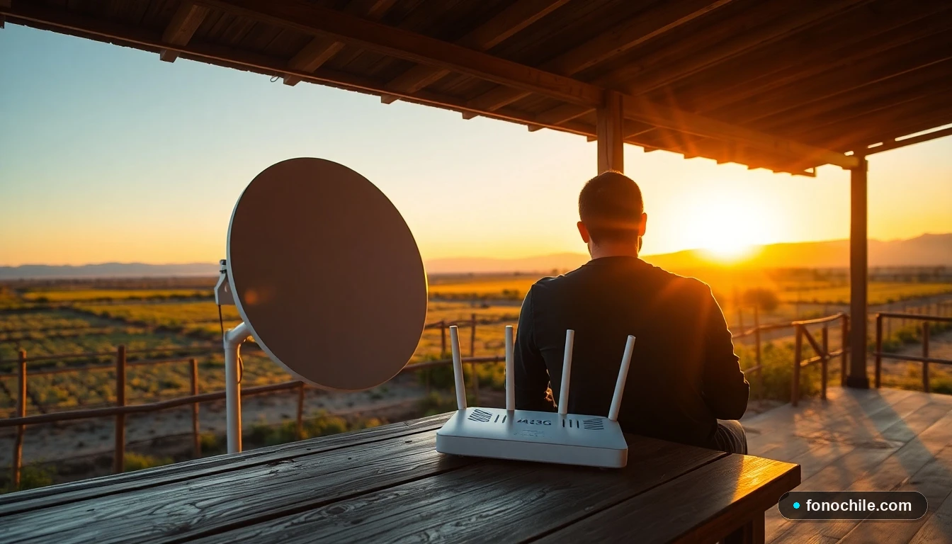 Antena satelital y router modernos en una casa rural chilena al atardecer, ofreciendo internet de alta velocidad.