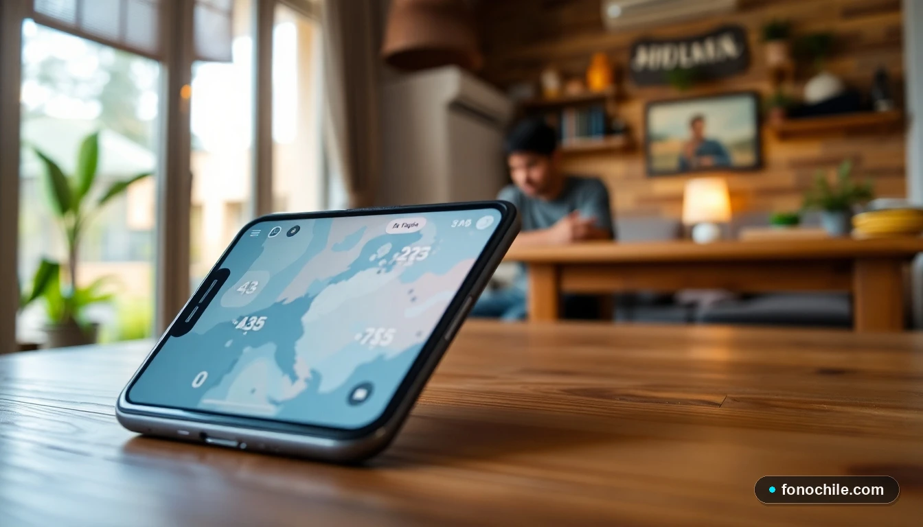 Smartphone mostrando un gráfico abstracto de cobertura de red en un entorno hogareño chileno.