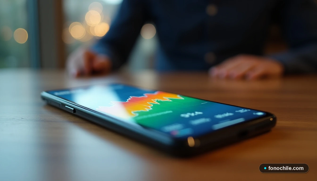 Smartphone mostrando un gráfico abstracto y colorido del consumo de datos de 100GB en Chile.