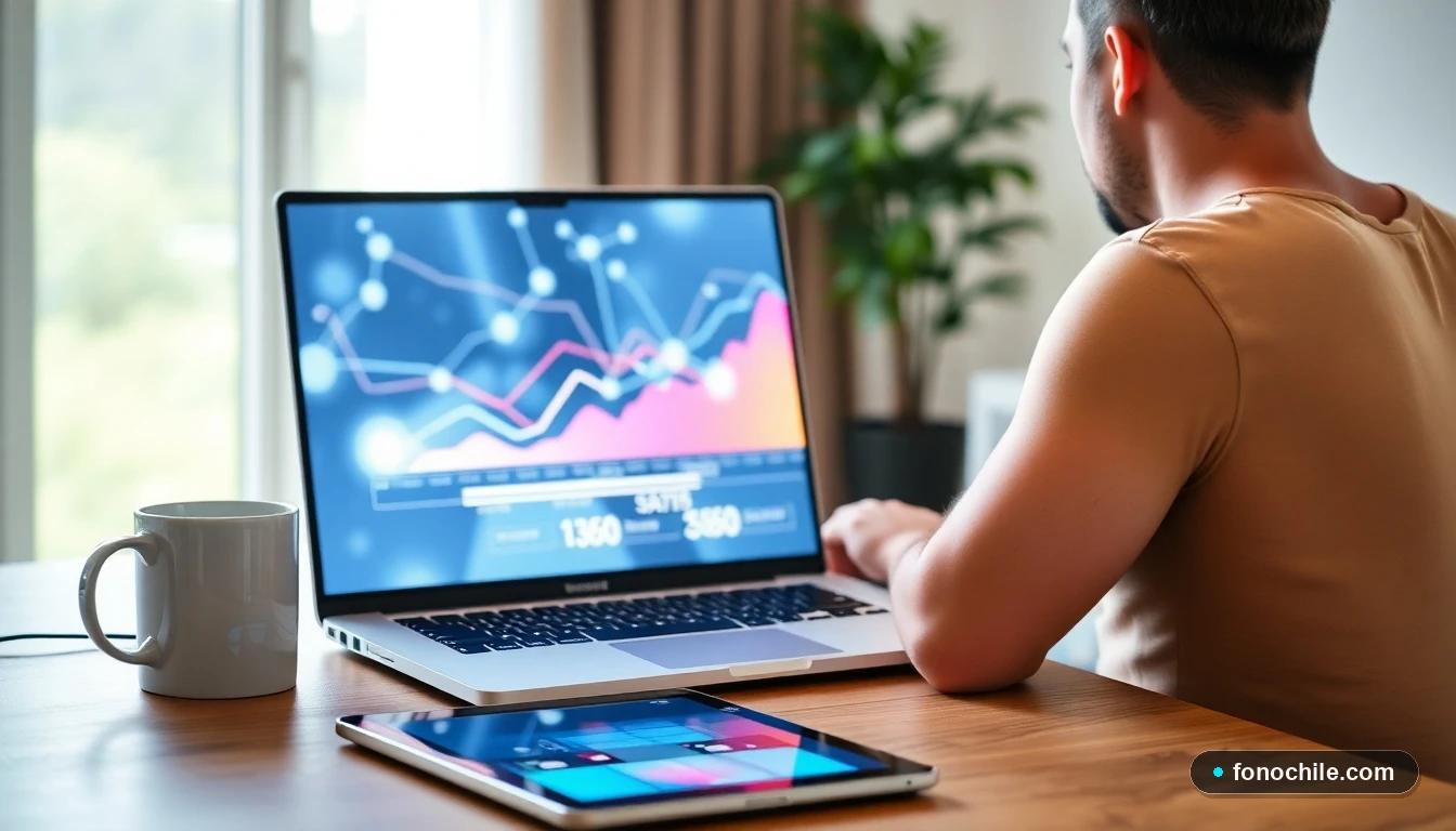 Configuración de oficina en el hogar con dispositivos mostrando gráficos abstractos de velocidad y conexión de red.