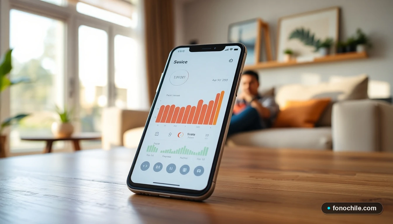 Smartphone mostrando gráficos de consumo de datos móviles en un entorno hogareño.
