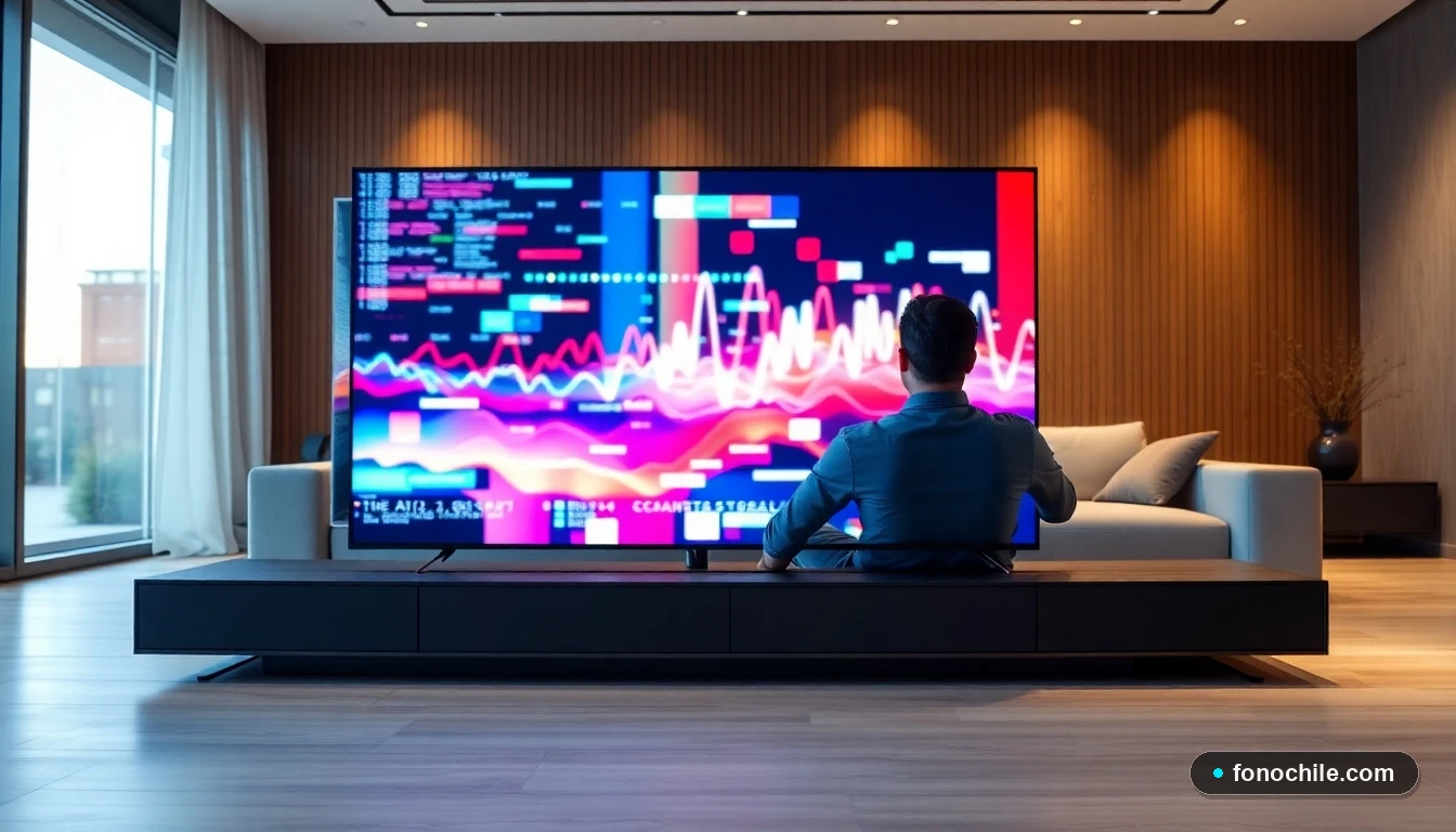Pantalla de televisor moderno mostrando gráficos abstractos de colores sobre calidad de señal y contenido, en un living chileno contemporáneo.