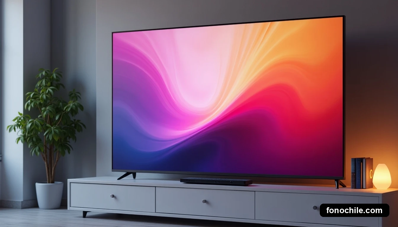 Vista lateral de un televisor Smart en un entorno de sala de estar moderna, con control remoto sobre una mesa de madera.