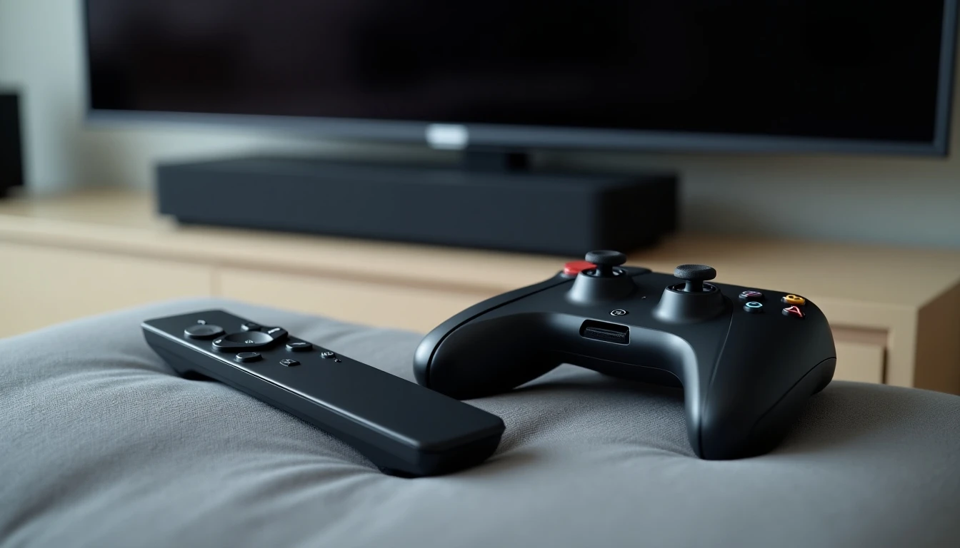 Control remoto moderno y control de videojuegos junto a una soundbar, frente a una Smart TV de pantalla plana.